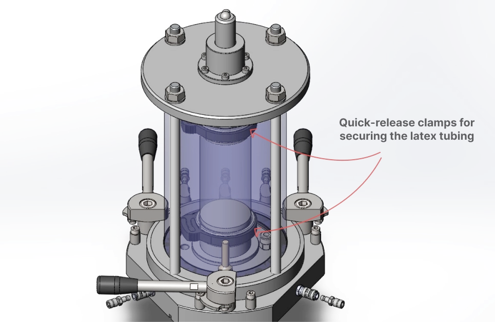 Soil testing rig sample chamber with quick-release clamps