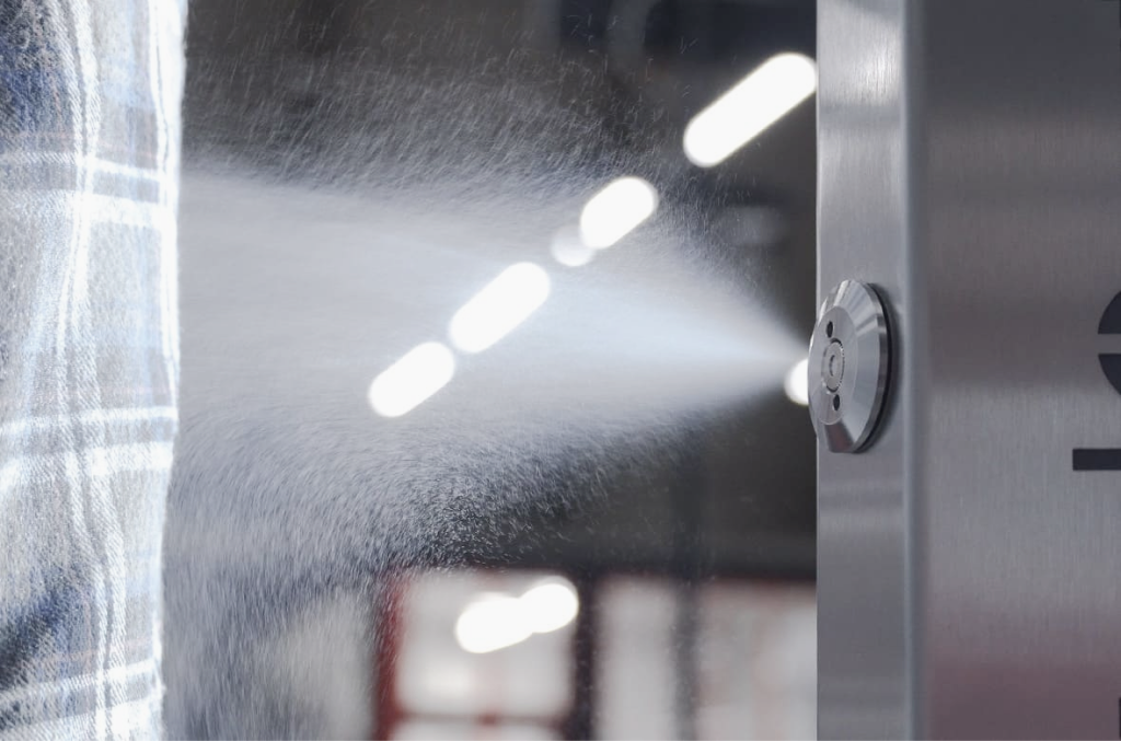 Multifunction disinfection gate spraying nozzles in operation